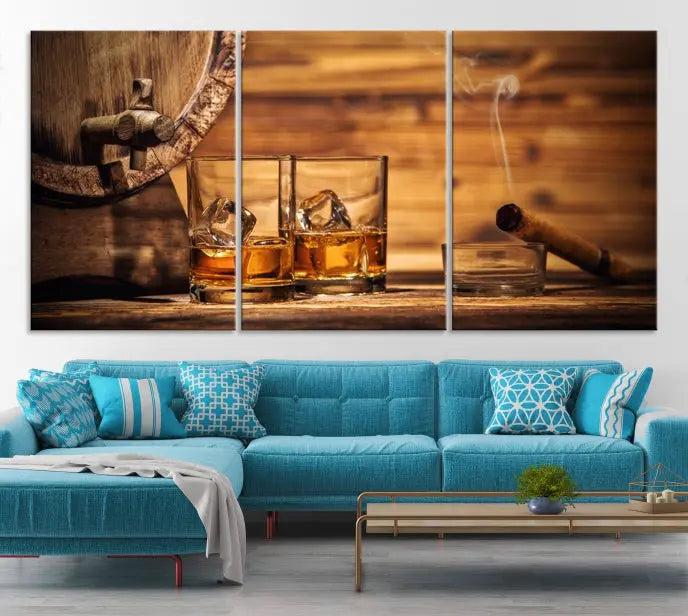 The living room showcases the striking "Rustic Whiskey and Barrel" canvas print, elegantly displayed on museum-quality canvas.