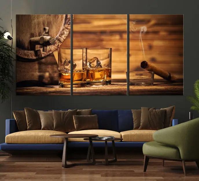 The living room showcases the striking "Rustic Whiskey and Barrel" canvas print, elegantly displayed on museum-quality canvas.