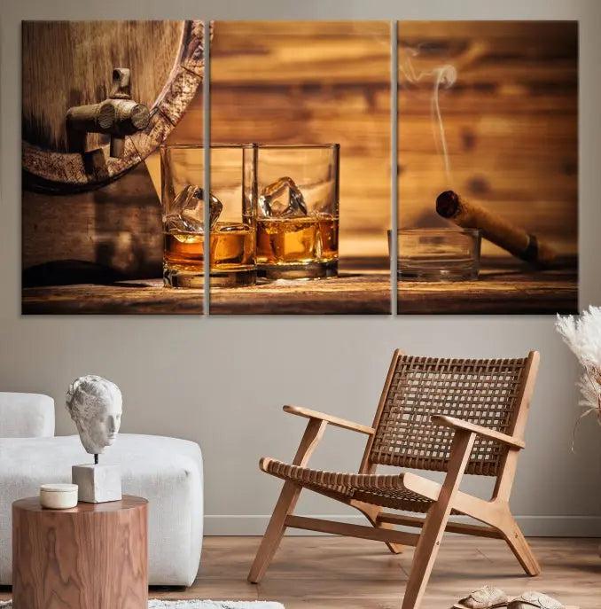 The living room showcases the striking "Rustic Whiskey and Barrel" canvas print, elegantly displayed on museum-quality canvas.