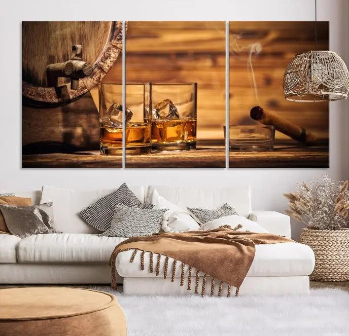 The living room showcases the striking "Rustic Whiskey and Barrel" canvas print, elegantly displayed on museum-quality canvas.