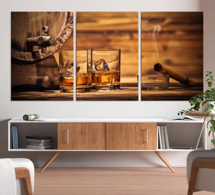 The living room showcases the striking "Rustic Whiskey and Barrel" canvas print, elegantly displayed on museum-quality canvas.