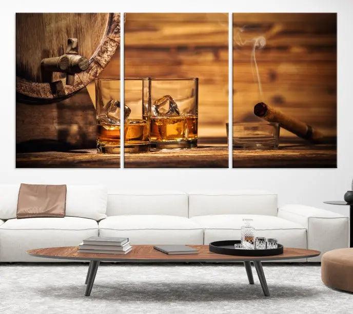 The living room showcases the striking "Rustic Whiskey and Barrel" canvas print, elegantly displayed on museum-quality canvas.