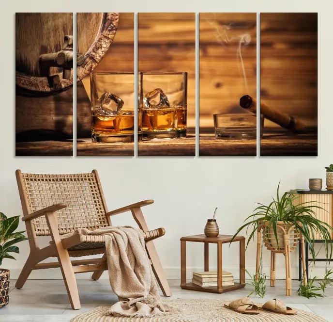 The living room showcases the striking "Rustic Whiskey and Barrel" canvas print, elegantly displayed on museum-quality canvas.