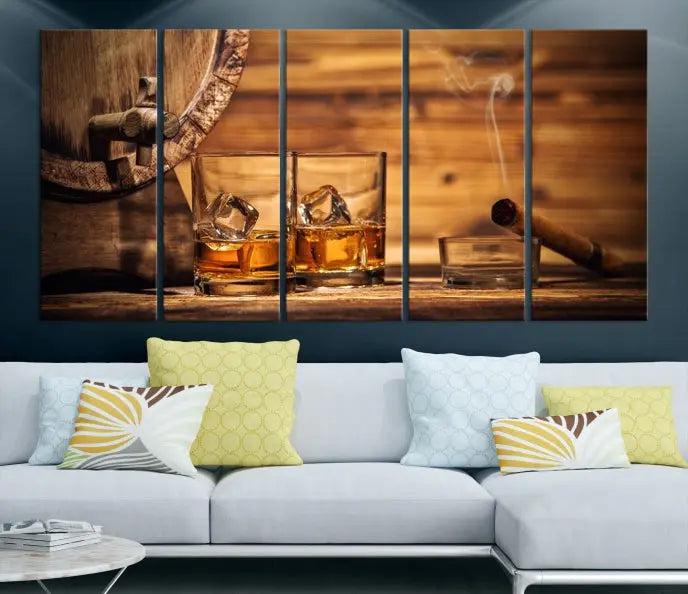 The living room showcases the striking "Rustic Whiskey and Barrel" canvas print, elegantly displayed on museum-quality canvas.