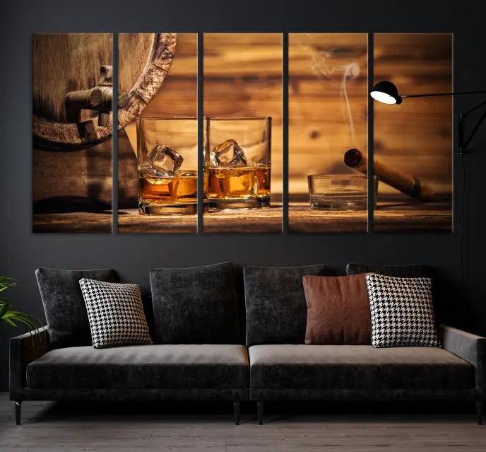 The living room showcases the striking "Rustic Whiskey and Barrel" canvas print, elegantly displayed on museum-quality canvas.