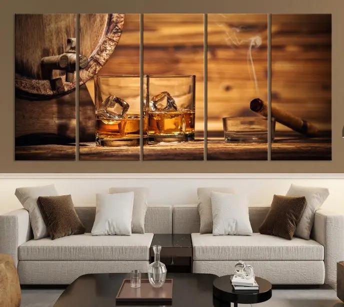 The living room showcases the striking "Rustic Whiskey and Barrel" canvas print, elegantly displayed on museum-quality canvas.