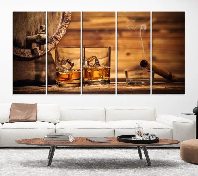 The living room showcases the striking "Rustic Whiskey and Barrel" canvas print, elegantly displayed on museum-quality canvas.