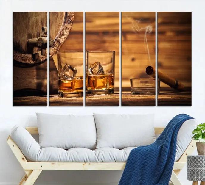 The living room showcases the striking "Rustic Whiskey and Barrel" canvas print, elegantly displayed on museum-quality canvas.