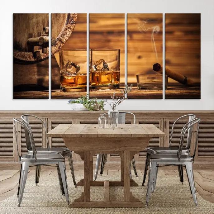 The living room showcases the striking "Rustic Whiskey and Barrel" canvas print, elegantly displayed on museum-quality canvas.