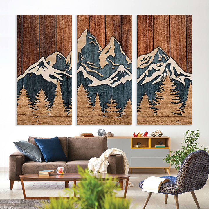Rustic Wood Style Mountain Wall Art, Nature Forest Canvas Print, Wooden Textured Mountain Artwork, Handcrafted Landscape Decor for Farmhouse