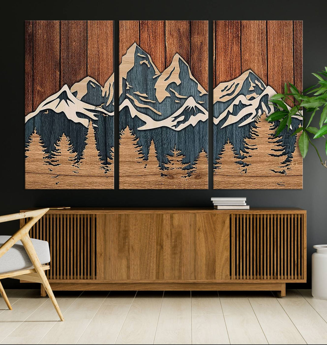 Rustic Wood Style Mountain Wall Art, Nature Forest Canvas Print, Wooden Textured Mountain Artwork, Handcrafted Landscape Decor for Farmhouse