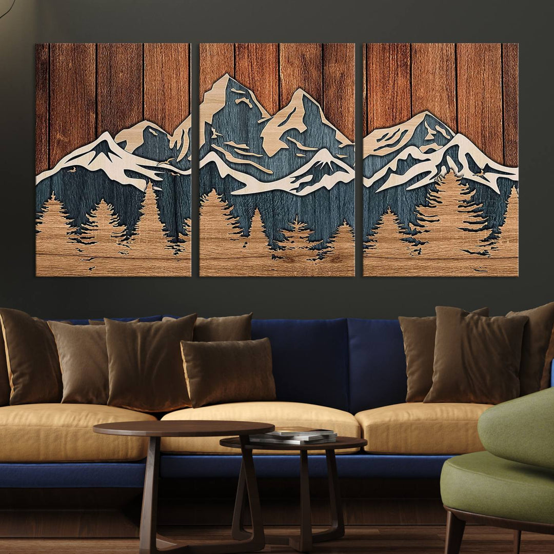 Rustic Wood Style Mountain Wall Art, Nature Forest Canvas Print, Wooden Textured Mountain Artwork, Handcrafted Landscape Decor for Farmhouse