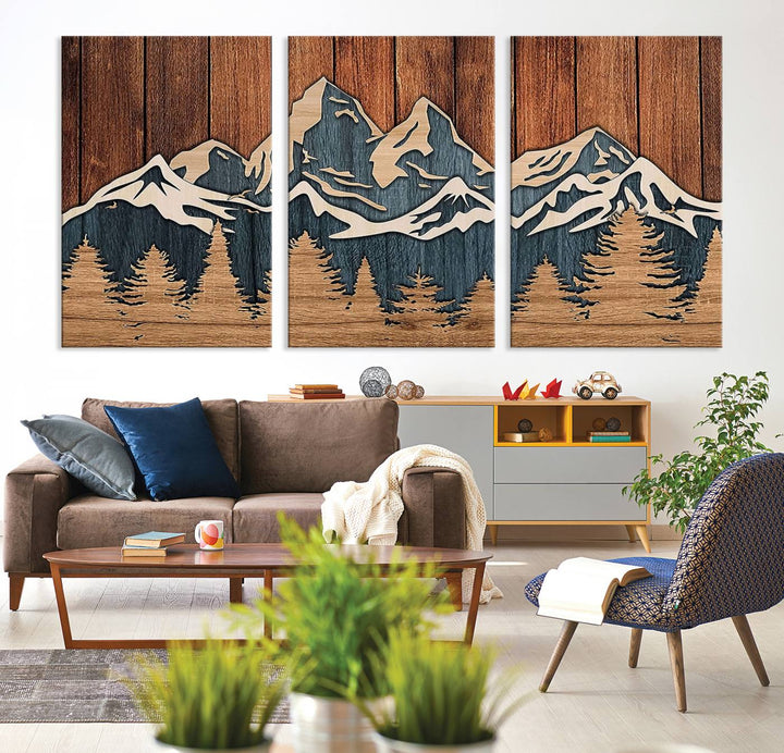 Rustic Wood Style Mountain Wall Art, Nature Forest Canvas Print, Wooden Textured Mountain Artwork, Handcrafted Landscape Decor for Farmhouse