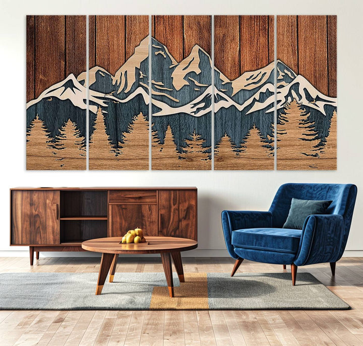 Rustic Wood Style Mountain Wall Art, Nature Forest Canvas Print, Wooden Textured Mountain Artwork, Handcrafted Landscape Decor for Farmhouse