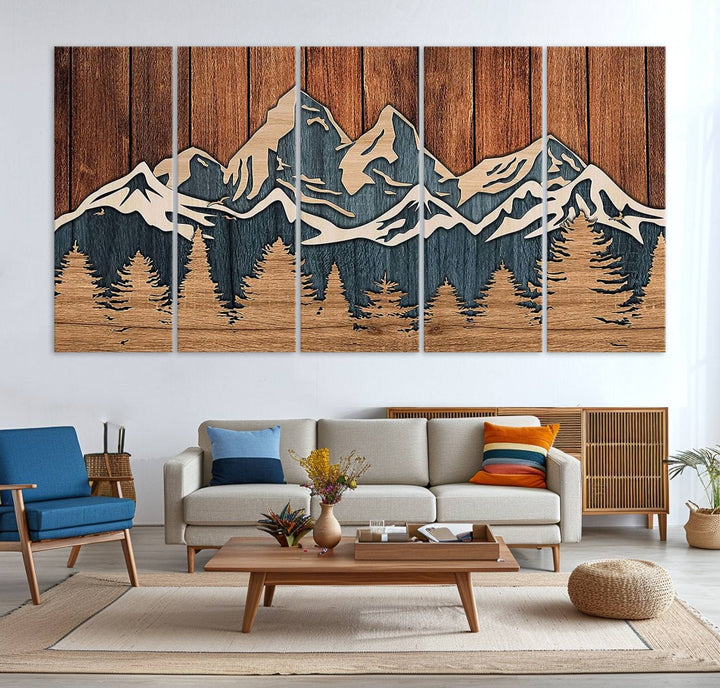 Rustic Wood Style Mountain Wall Art, Nature Forest Canvas Print, Wooden Textured Mountain Artwork, Handcrafted Landscape Decor for Farmhouse