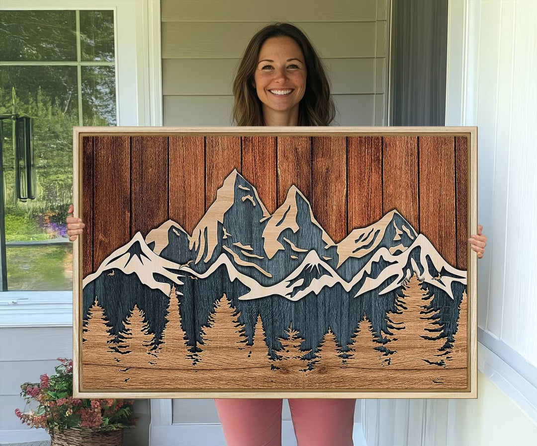 41330-MGV-CV-36X24-Rustic Wood Style Mountain Wall Art, Nature Forest Canvas Print, Wooden Textured Mountain Artwork, Handcrafted Landscape Decor for Farmhouse