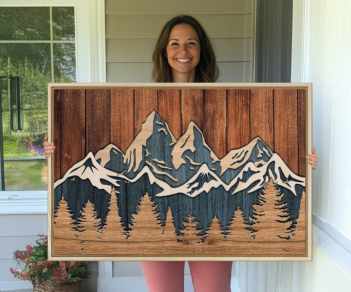 41330-MGV-CV-36X24-Rustic Wood Style Mountain Wall Art, Nature Forest Canvas Print, Wooden Textured Mountain Artwork, Handcrafted Landscape Decor for Farmhouse