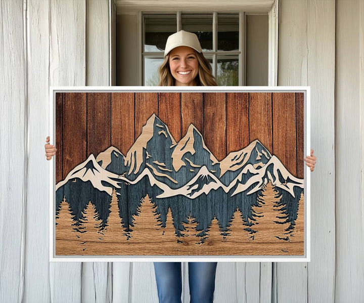 41330-MGV-CV-36X24-Rustic Wood Style Mountain Wall Art, Nature Forest Canvas Print, Wooden Textured Mountain Artwork, Handcrafted Landscape Decor for Farmhouse