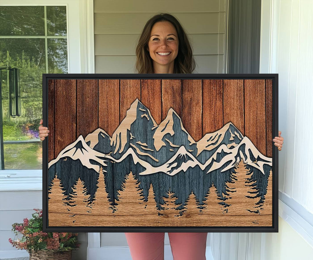 41330-MGV-CV-36X24-Rustic Wood Style Mountain Wall Art, Nature Forest Canvas Print, Wooden Textured Mountain Artwork, Handcrafted Landscape Decor for Farmhouse