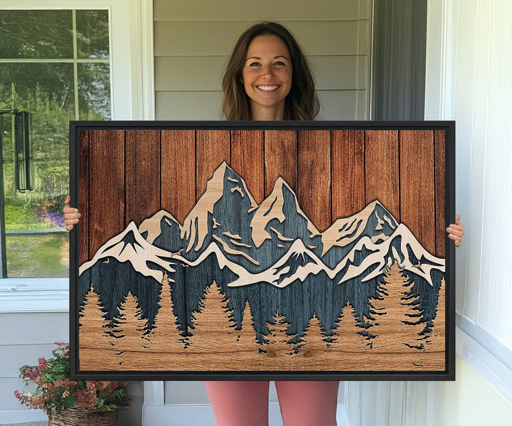 41330-MGV-CV-36X24-Rustic Wood Style Mountain Wall Art, Nature Forest Canvas Print, Wooden Textured Mountain Artwork, Handcrafted Landscape Decor for Farmhouse