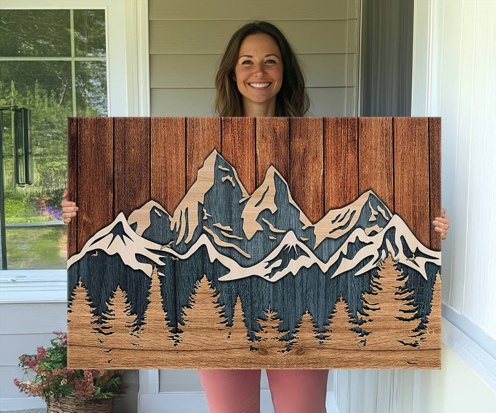 Rustic Wood Style Mountain Wall Art, Nature Forest Canvas Print, Wooden Textured Mountain Artwork, Handcrafted Landscape Decor for Farmhouse