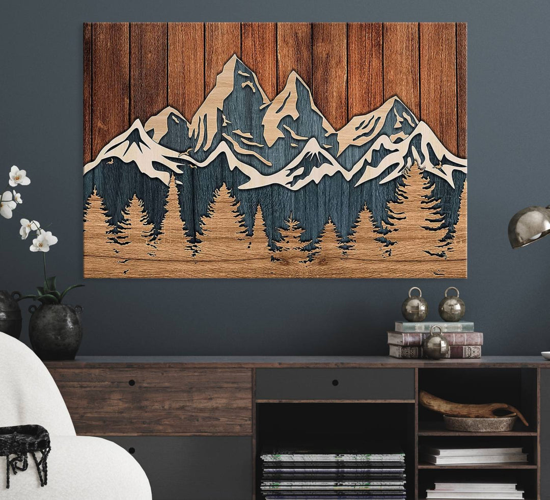 Rustic Wood Style Mountain Wall Art, Nature Forest Canvas Print, Wooden Textured Mountain Artwork, Handcrafted Landscape Decor for Farmhouse