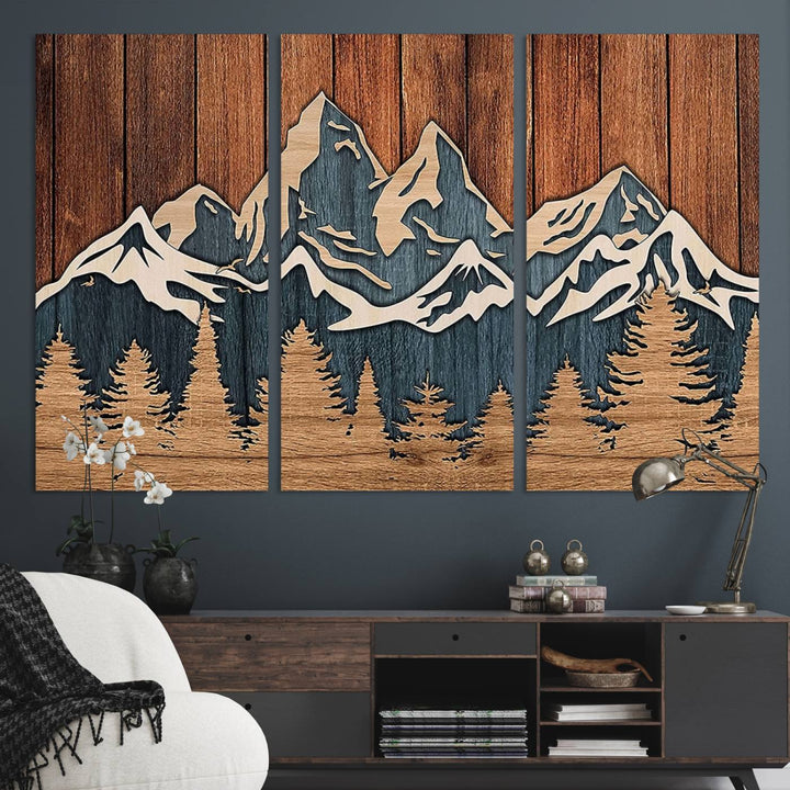 Rustic Wood Style Mountain Wall Art, Nature Forest Canvas Print, Wooden Textured Mountain Artwork, Handcrafted Landscape Decor for Farmhouse