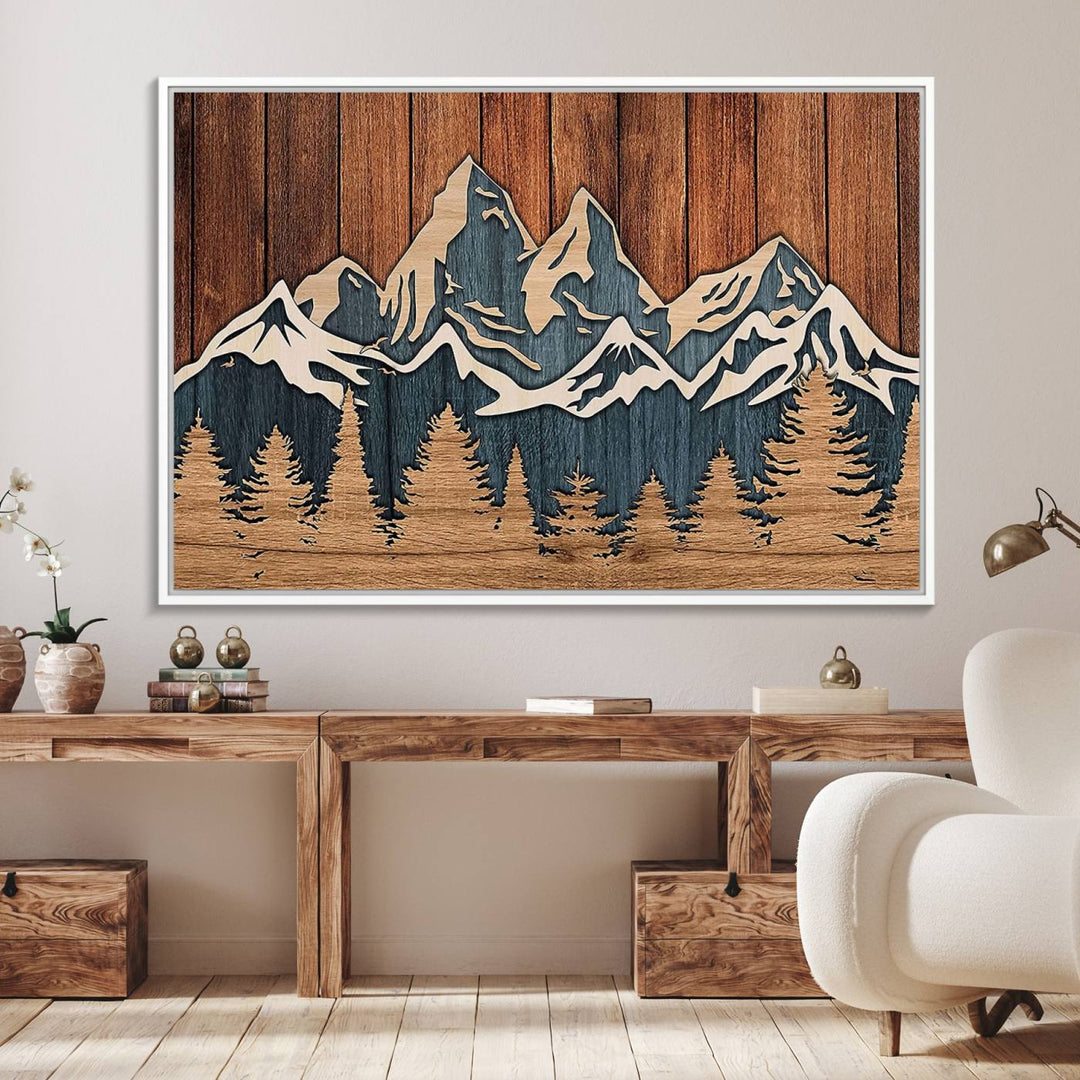 41330-MGV-FC-36X24_White-Rustic Wood Style Mountain Wall Art, Nature Forest Canvas Print, Wooden Textured Mountain Artwork, Handcrafted Landscape Decor for Farmhouse