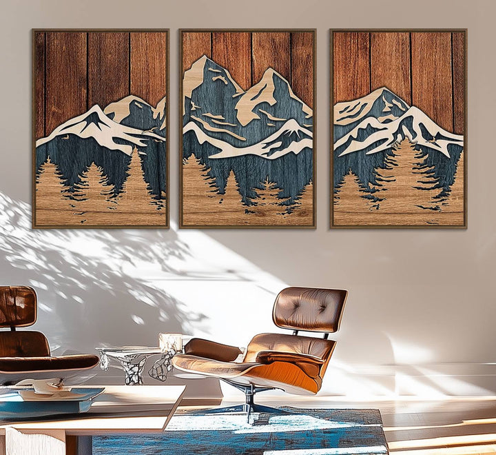 41330-MGV-FC-60X30-3P_Walnut-Rustic Wood Style Mountain Wall Art, Nature Forest Canvas Print, Wooden Textured Mountain Artwork, Handcrafted Landscape Decor for Farmhouse