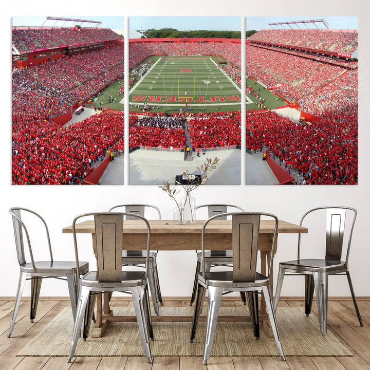 The room features a large wall art piece titled "Rutgers Scarlet Knights Football Team Print - Piscataway SHI Stadium Wall Art Canvas Print." This artwork showcases a vibrant, packed football stadium and boasts a gallery-quality finish on premium canvas, adding an elegant touch to the lively scene.