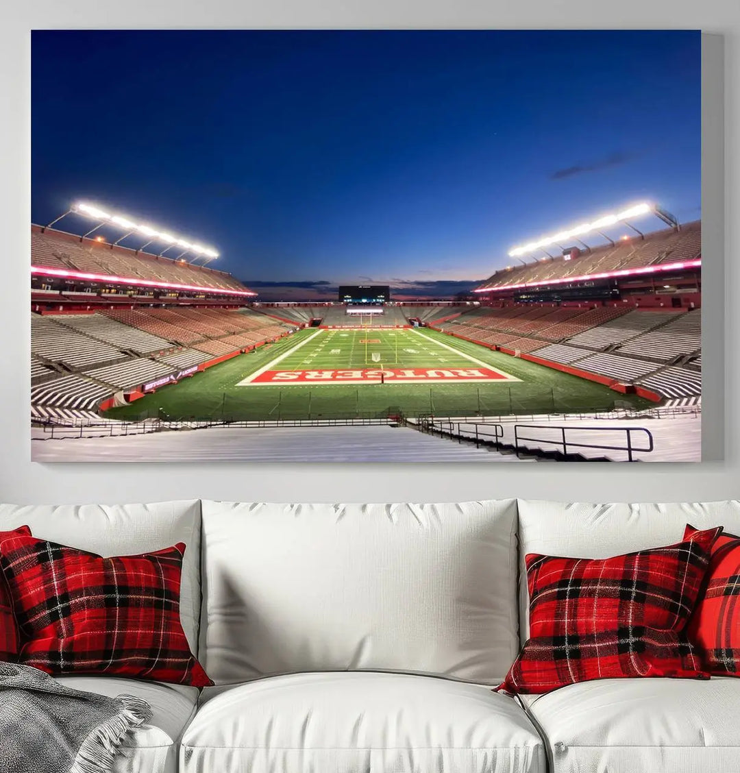 The dining area features a Rutgers Scarlet Knights Football Team Print, depicting the Piscataway SHI Stadium as panoramic wall art. Its premium canvas offers a gallery-quality finish.