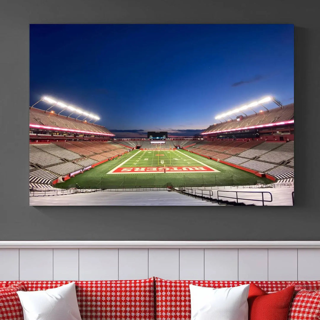 The dining area features a Rutgers Scarlet Knights Football Team Print, depicting the Piscataway SHI Stadium as panoramic wall art. Its premium canvas offers a gallery-quality finish.