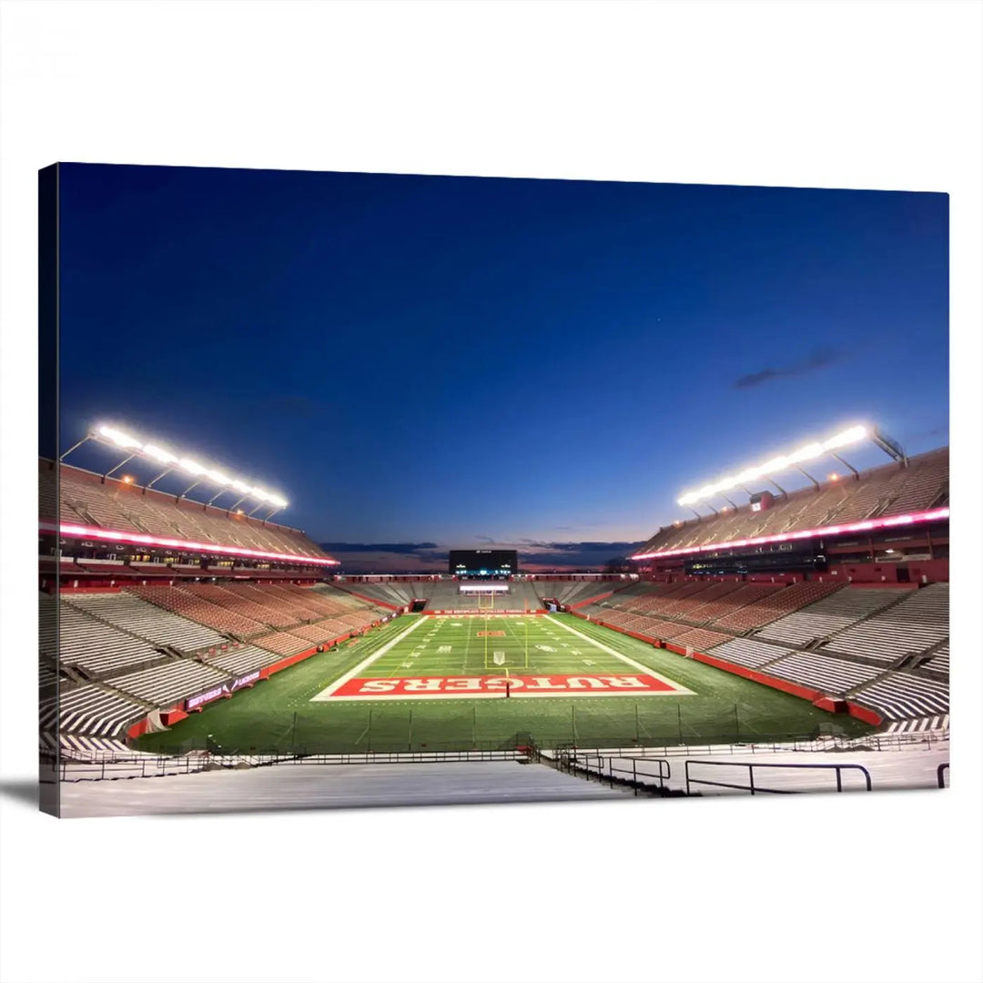 The dining area features a Rutgers Scarlet Knights Football Team Print, depicting the Piscataway SHI Stadium as panoramic wall art. Its premium canvas offers a gallery-quality finish.