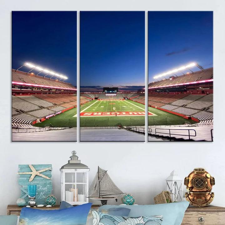 The dining area features a Rutgers Scarlet Knights Football Team Print, depicting the Piscataway SHI Stadium as panoramic wall art. Its premium canvas offers a gallery-quality finish.