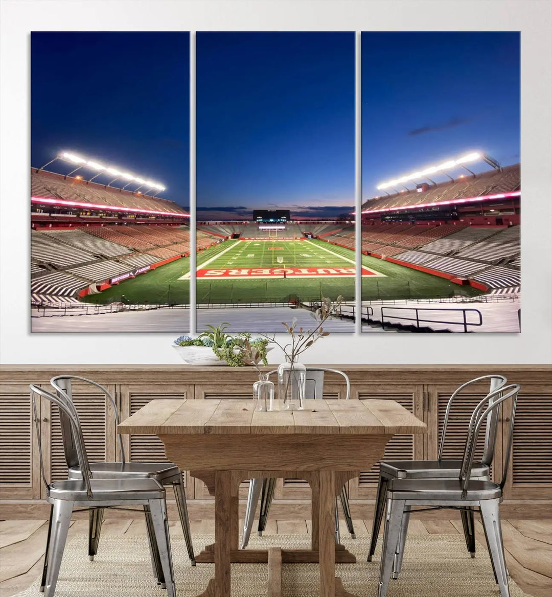 The dining area features a Rutgers Scarlet Knights Football Team Print, depicting the Piscataway SHI Stadium as panoramic wall art. Its premium canvas offers a gallery-quality finish.