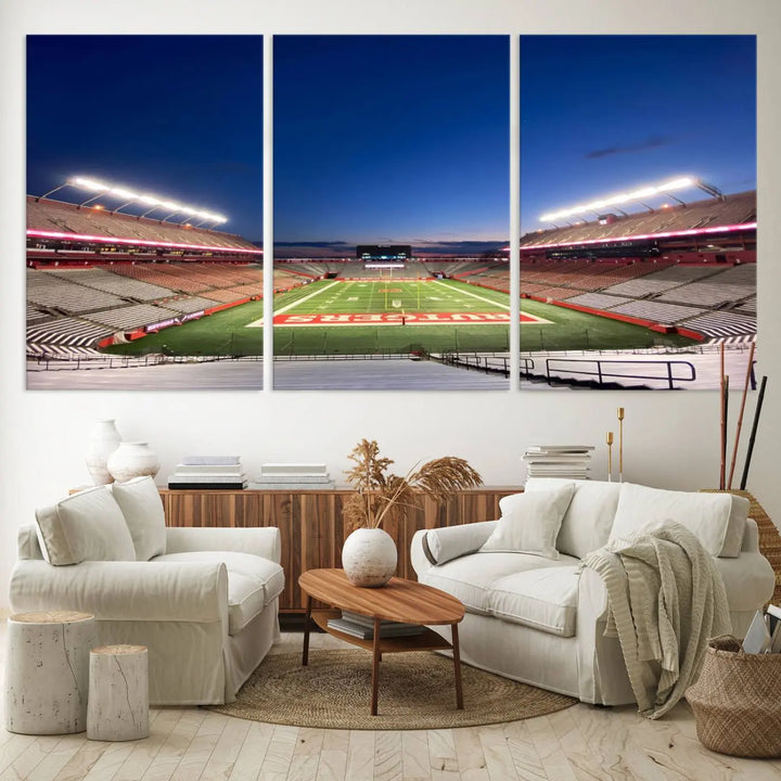 The dining area features a Rutgers Scarlet Knights Football Team Print, depicting the Piscataway SHI Stadium as panoramic wall art. Its premium canvas offers a gallery-quality finish.