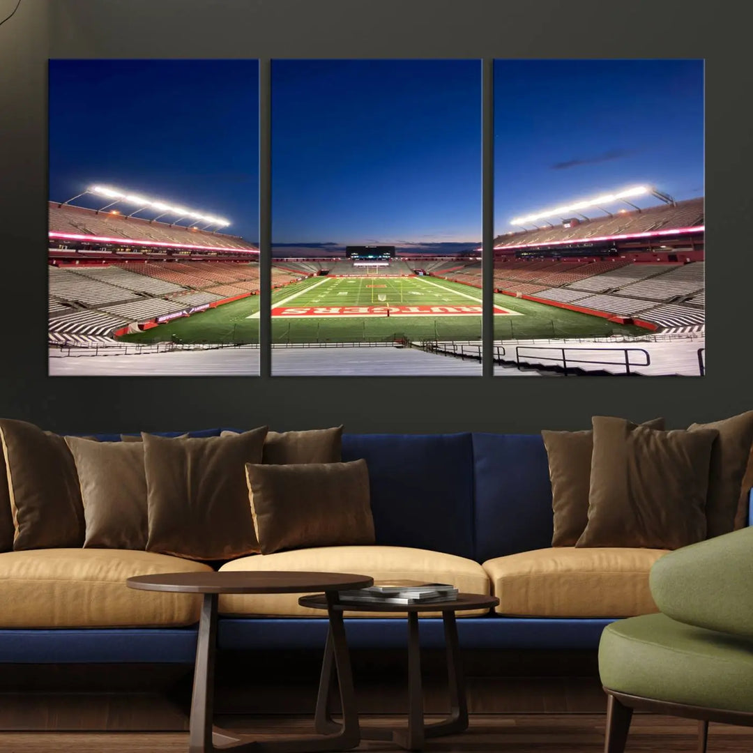 The dining area features a Rutgers Scarlet Knights Football Team Print, depicting the Piscataway SHI Stadium as panoramic wall art. Its premium canvas offers a gallery-quality finish.