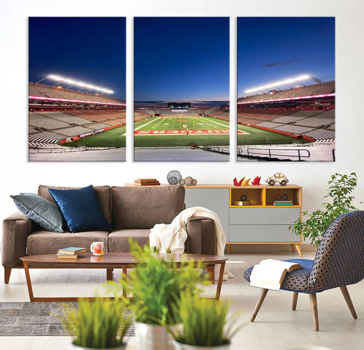 The dining area features a Rutgers Scarlet Knights Football Team Print, depicting the Piscataway SHI Stadium as panoramic wall art. Its premium canvas offers a gallery-quality finish.