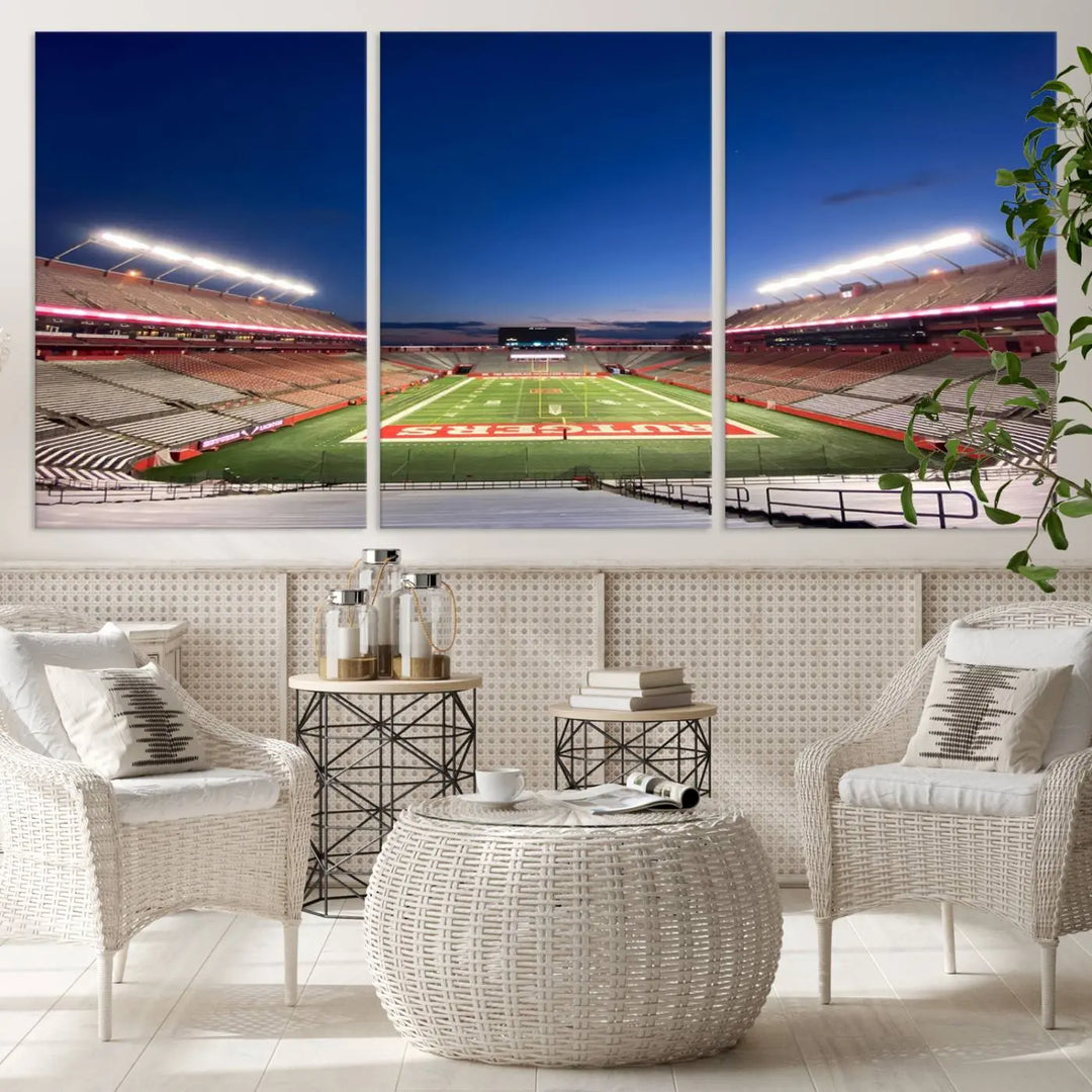 The dining area features a Rutgers Scarlet Knights Football Team Print, depicting the Piscataway SHI Stadium as panoramic wall art. Its premium canvas offers a gallery-quality finish.