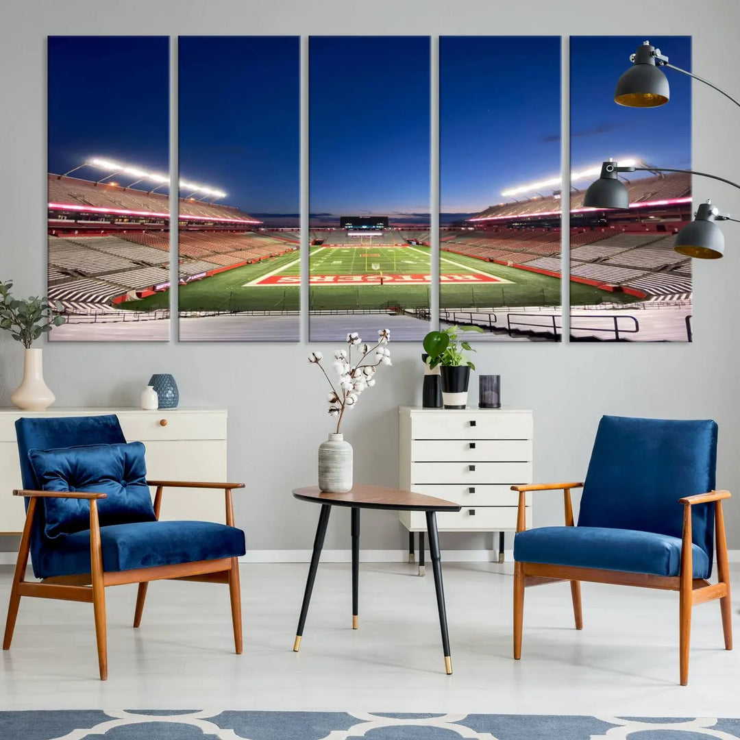 The dining area features a Rutgers Scarlet Knights Football Team Print, depicting the Piscataway SHI Stadium as panoramic wall art. Its premium canvas offers a gallery-quality finish.