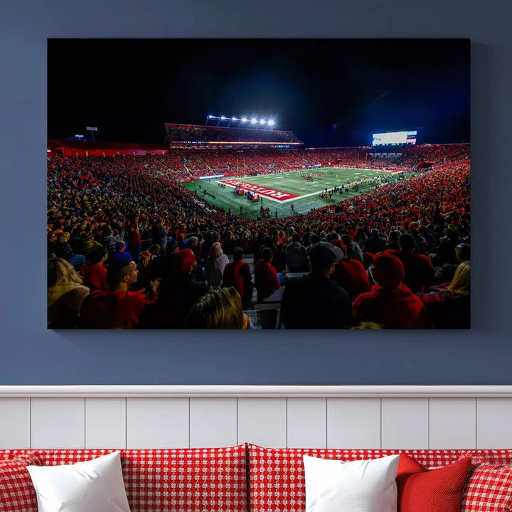 The living room is adorned with a stunning Rutgers Scarlet Knights Football Team Print – SHI Stadium, Piscataway Wall Art Canvas Print. This vibrant stadium scene at night, with its bright lights, offers a gallery-quality finish and adds an elegant touch to the space.