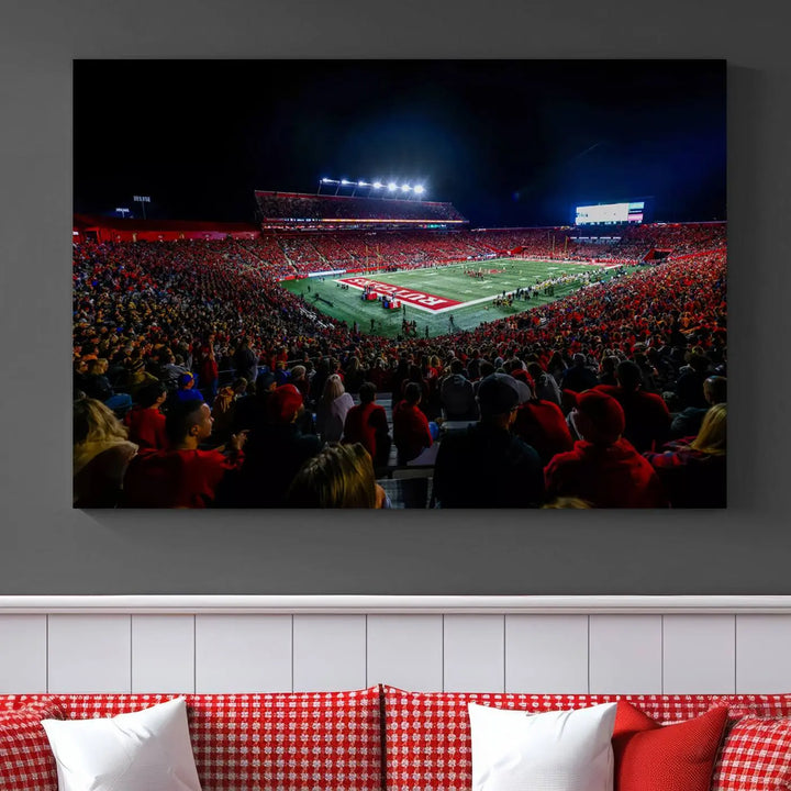 The living room is adorned with a stunning Rutgers Scarlet Knights Football Team Print – SHI Stadium, Piscataway Wall Art Canvas Print. This vibrant stadium scene at night, with its bright lights, offers a gallery-quality finish and adds an elegant touch to the space.