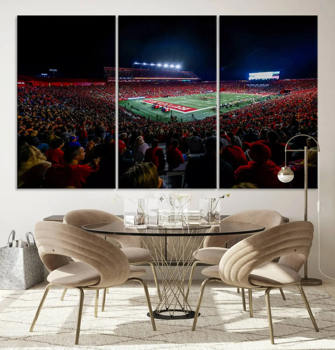 The living room is adorned with a stunning Rutgers Scarlet Knights Football Team Print – SHI Stadium, Piscataway Wall Art Canvas Print. This vibrant stadium scene at night, with its bright lights, offers a gallery-quality finish and adds an elegant touch to the space.