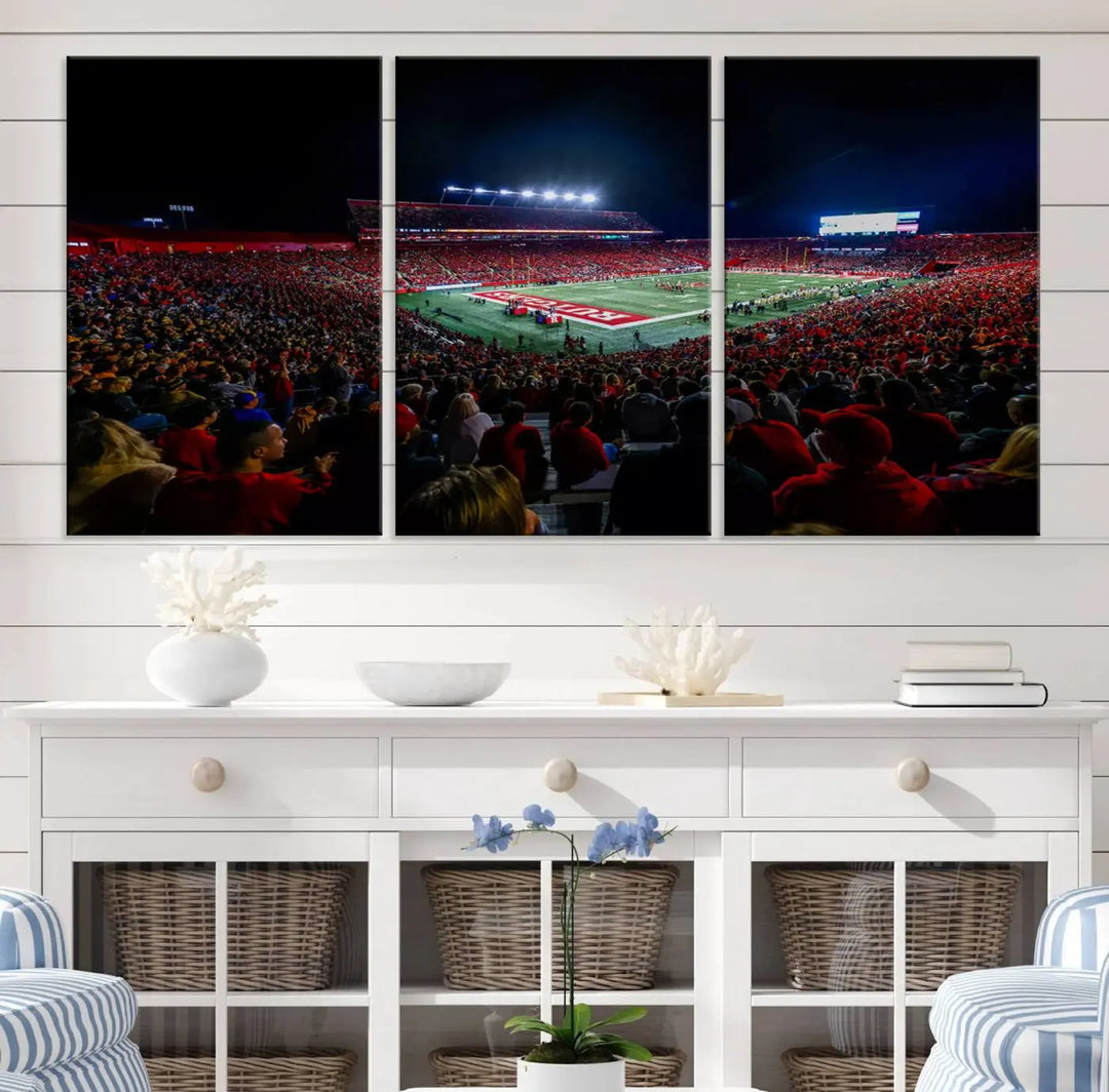 The living room is adorned with a stunning Rutgers Scarlet Knights Football Team Print – SHI Stadium, Piscataway Wall Art Canvas Print. This vibrant stadium scene at night, with its bright lights, offers a gallery-quality finish and adds an elegant touch to the space.