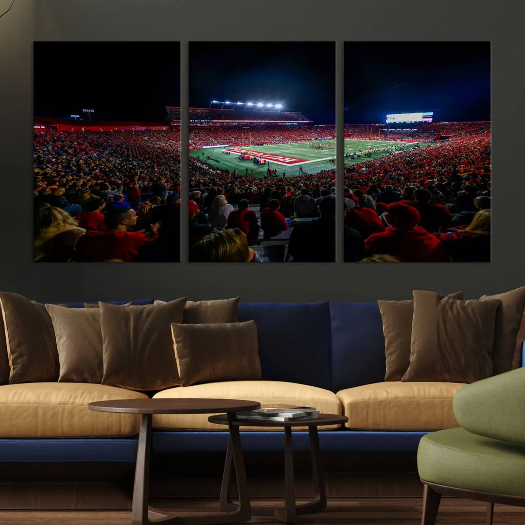 The living room is adorned with a stunning Rutgers Scarlet Knights Football Team Print – SHI Stadium, Piscataway Wall Art Canvas Print. This vibrant stadium scene at night, with its bright lights, offers a gallery-quality finish and adds an elegant touch to the space.