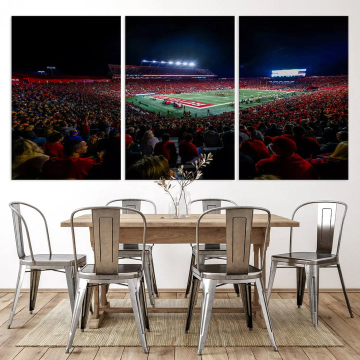 The living room is adorned with a stunning Rutgers Scarlet Knights Football Team Print – SHI Stadium, Piscataway Wall Art Canvas Print. This vibrant stadium scene at night, with its bright lights, offers a gallery-quality finish and adds an elegant touch to the space.