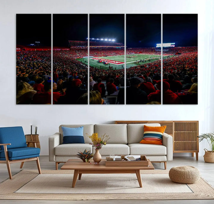 The living room is adorned with a stunning Rutgers Scarlet Knights Football Team Print – SHI Stadium, Piscataway Wall Art Canvas Print. This vibrant stadium scene at night, with its bright lights, offers a gallery-quality finish and adds an elegant touch to the space.