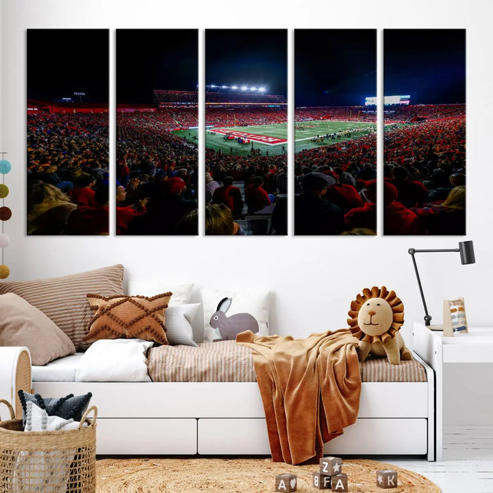 The living room is adorned with a stunning Rutgers Scarlet Knights Football Team Print – SHI Stadium, Piscataway Wall Art Canvas Print. This vibrant stadium scene at night, with its bright lights, offers a gallery-quality finish and adds an elegant touch to the space.