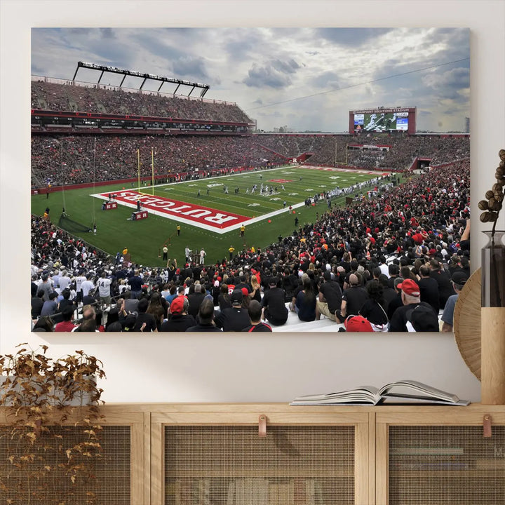 The elegant dining area features a large Rutgers Scarlet Knights Football Team print of SHI Stadium, Piscataway on the wall, boasting a gallery-quality finish.