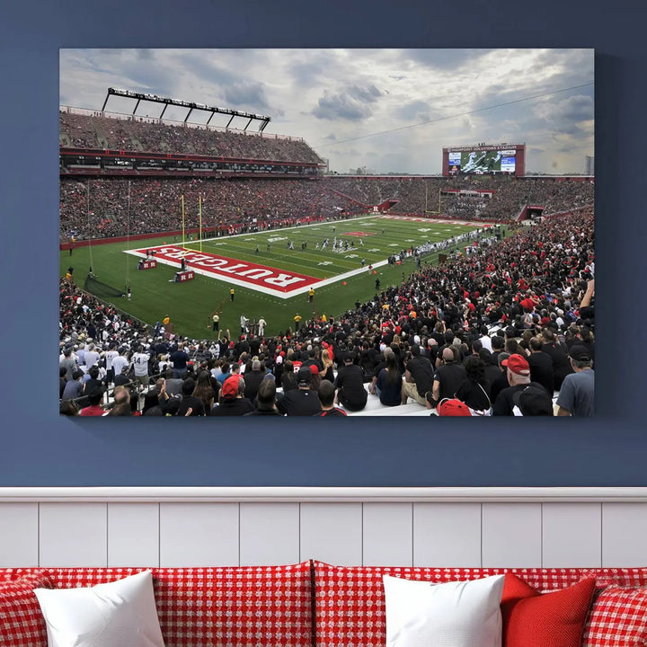 The elegant dining area features a large Rutgers Scarlet Knights Football Team print of SHI Stadium, Piscataway on the wall, boasting a gallery-quality finish.